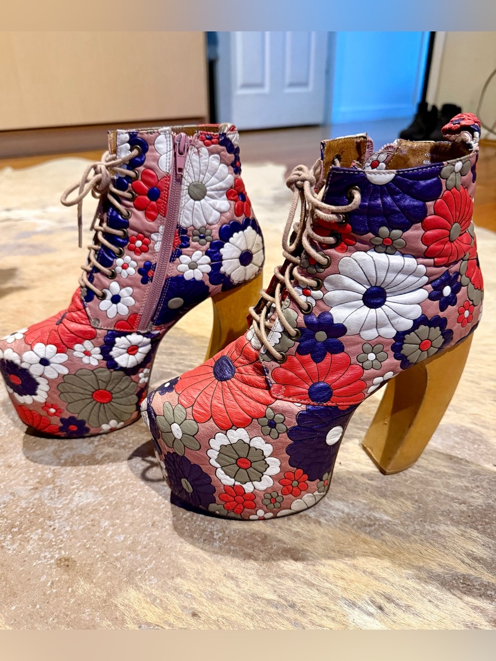 VTG Jeffrey Campbell lela Floral Wooden Platform Boots Retro 70s Rare 7M